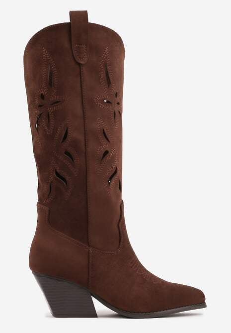 Brązowe Ażurowe Kozaki Kowbojki na Obcasie typu Stożek Tidrina 4