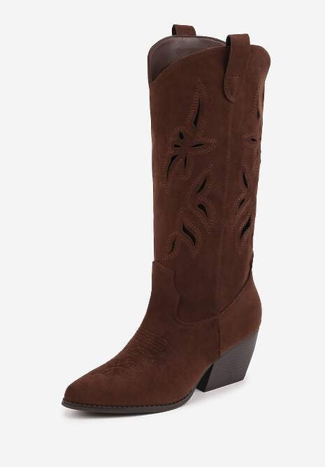 Brązowe Ażurowe Kozaki Kowbojki na Obcasie typu Stożek Tidrina 5