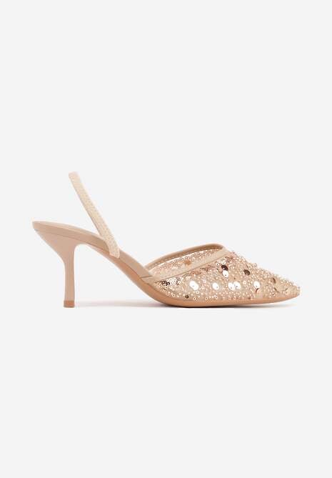 Beżowe Szpilki Slingback Ozdobione Cekinami Vikiraie 4