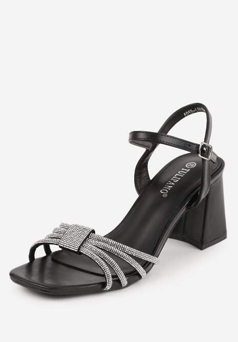 Czarne Sandały Ozdobione Paskami z Cyrkoniami i Kwadratowym Obcasie Zitalia 5