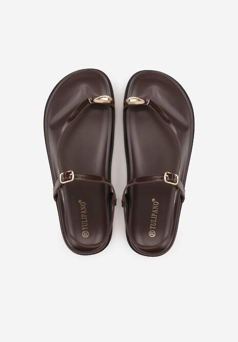 Brązowe Sandały Japonki na Palec na Platformie z Metaliczną Ozdobą Rinevia 6