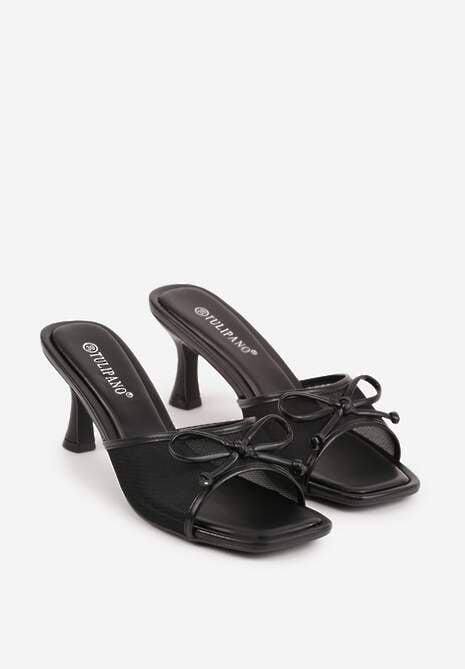 Czarne Klapki na Szpilce z Siateczkową Cholewką i Kokardą Brefia 5