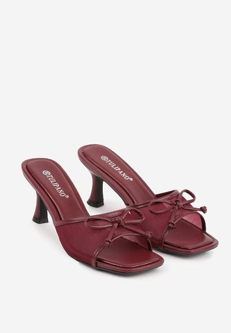 Bordowo-Czerwone Klapki na Szpilce z Siateczkową Cholewką i Kokardą Brefia 5