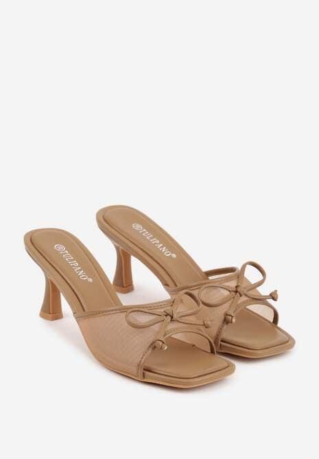 Ciemnobeżowe Klapki na Szpilce z Siateczkową Cholewką i Kokardą Brefia 5