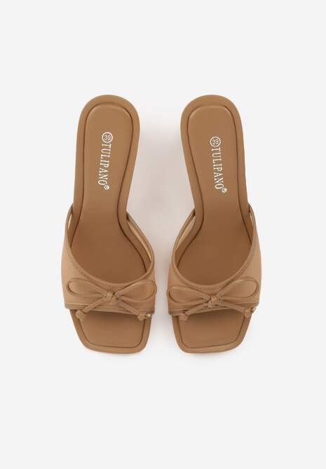 Ciemnobeżowe Klapki na Szpilce z Siateczkową Cholewką i Kokardą Brefia 6