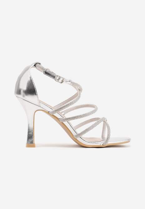 Srebrne Sandały na Szpilce z Kwadratowym Noskiem i Cyrkoniowymi Paskami Zeviana 4