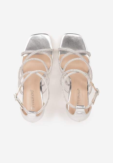 Srebrne Sandały na Szpilce z Kwadratowym Noskiem i Cyrkoniowymi Paskami Zeviana 6