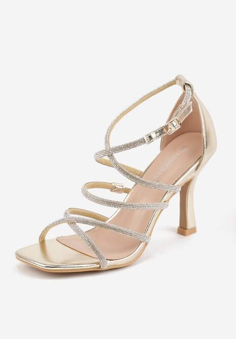 Złote Sandały na Szpilce z Kwadratowym Noskiem i Cyrkoniowymi Paskami Zeviana 5