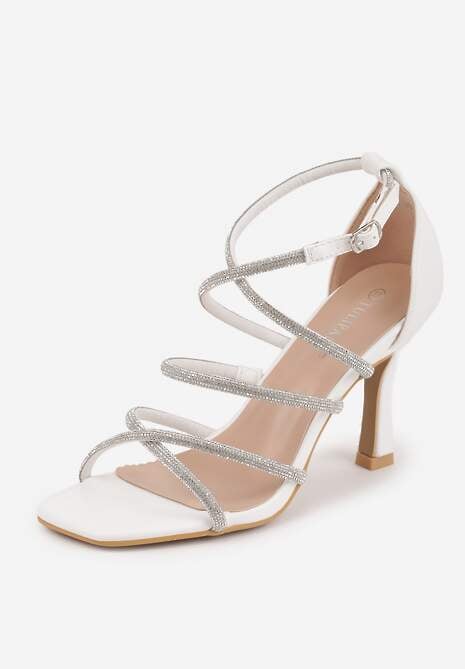 Białe Sandały na Szpilce z Kwadratowym Noskiem i Cyrkoniowymi Paskami Zeviana 5