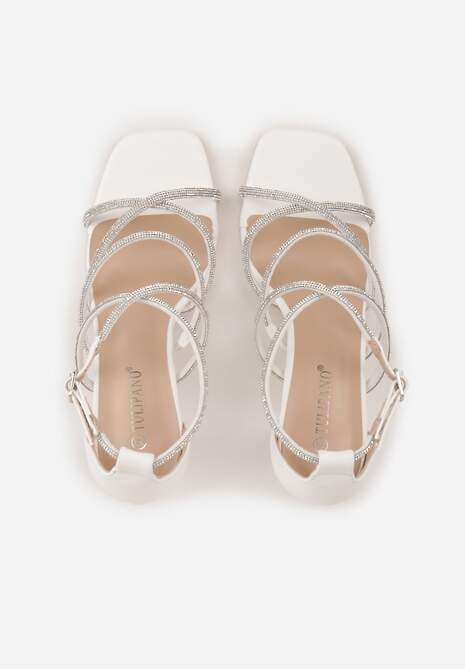 Białe Sandały na Szpilce z Kwadratowym Noskiem i Cyrkoniowymi Paskami Zeviana 6