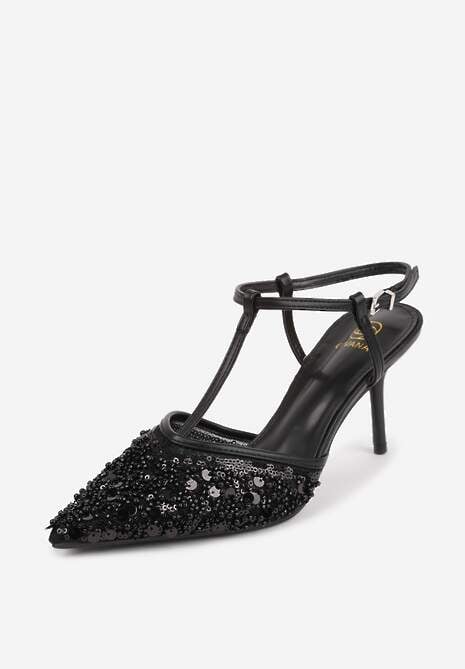 Czarne Eleganckie Szpilki na Szpilce z Siateczkowym Noskiem z Koralikami Riosira 5