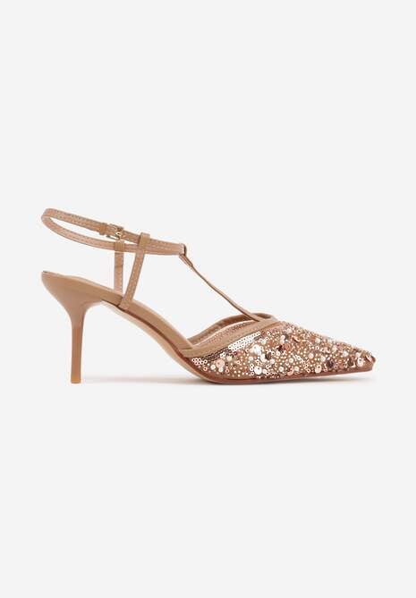 Ciemnobeżowe Eleganckie Szpilki na Szpilce z Siateczkowym Noskiem z Koralikami Riosira 4