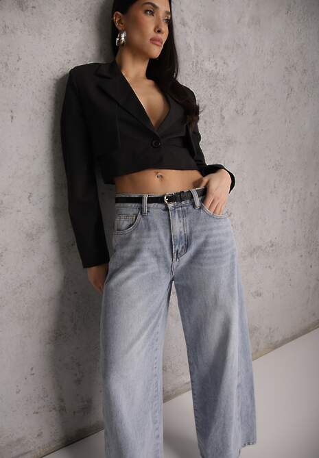 Niebieskie Jeansy Wide Leg z Bawełną i Wiskozą Zdobione Przeszyciami Hariola