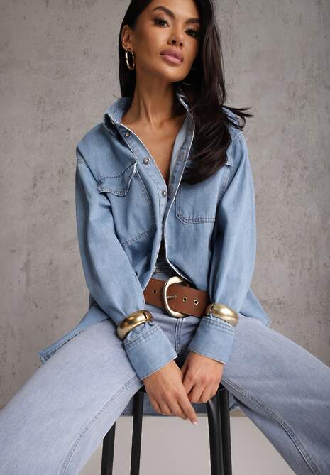 Niebieska Koszula Denimowa z Bawełną o Kroju Oversize Dinista