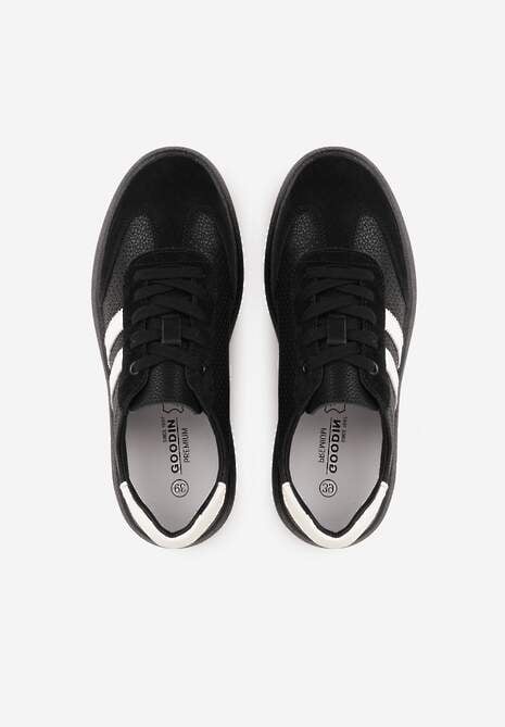 Czarne Sneakersy ze Skóry Naturalnej na Platformie z Perforacją  i Paskami Urevla 6