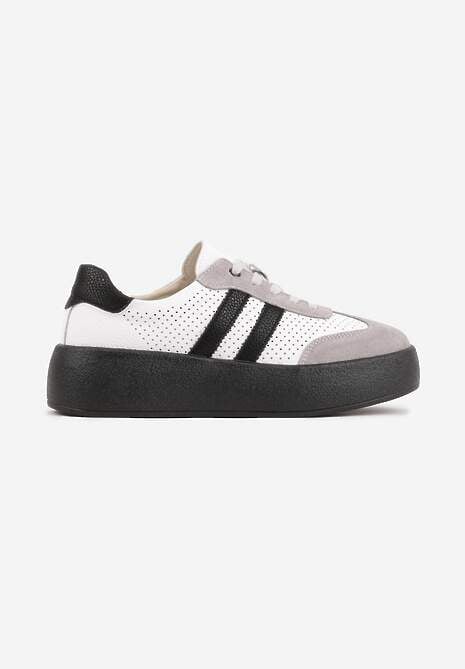 Biało-Szare Sneakersy ze Skóry Naturalnej na Platformie z Perforacją  i Paskami Urevla 4