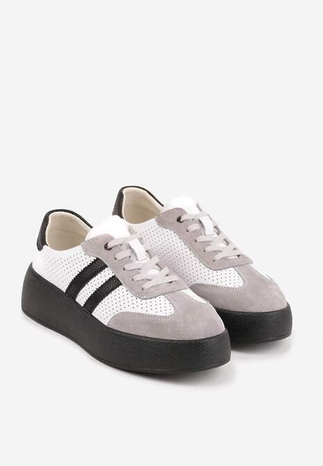 Biało-Szare Sneakersy ze Skóry Naturalnej na Platformie z Perforacją  i Paskami Urevla 5