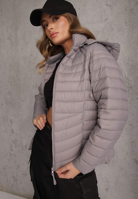 Szara Przejściowa Kurtka Pikowana z Kapturem z Możliwością Odpięcia Pretiga
