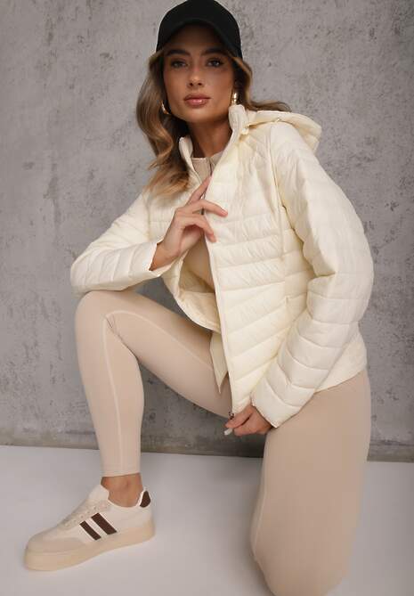 Jasnobeżowa Przejściowa Kurtka Pikowana z Kapturem z Możliwością Odpięcia Pretiga