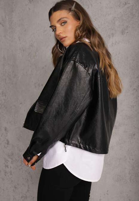 Czarna Kurtka Ramoneska Bomber z Kieszeniami z Klapami Nealira