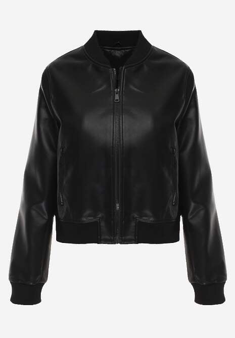 Czarna Kurtka Przejściowa Typu Bomber Jacket z Imitacji Skóry Izaria 6