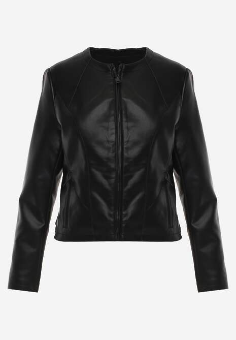 Czarna Kurtka w Stylu Gładkiej Ramoneski z Dekoltem Crew Neck Issanore 6