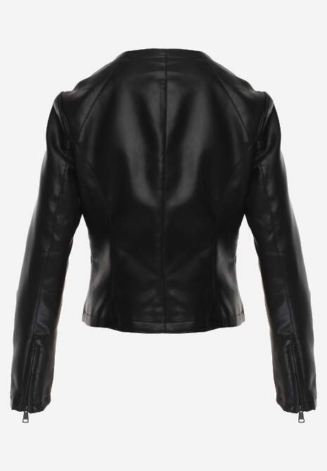 Czarna Kurtka w Stylu Gładkiej Ramoneski z Dekoltem Crew Neck Issanore 7