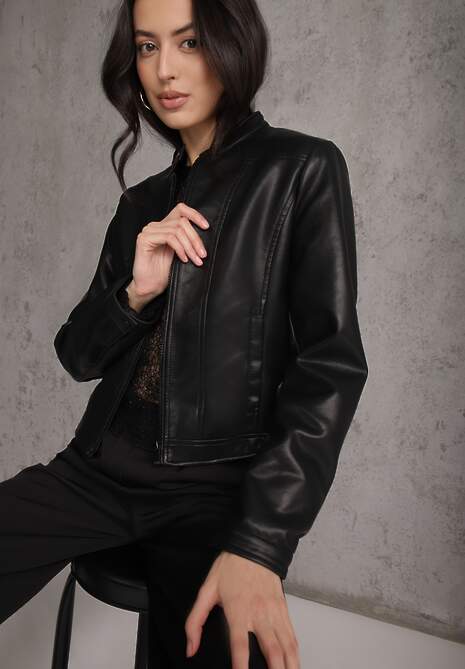 Czarna Taliowana Kurtka Ramoneska Y2K ze Stójką Fezilae 4