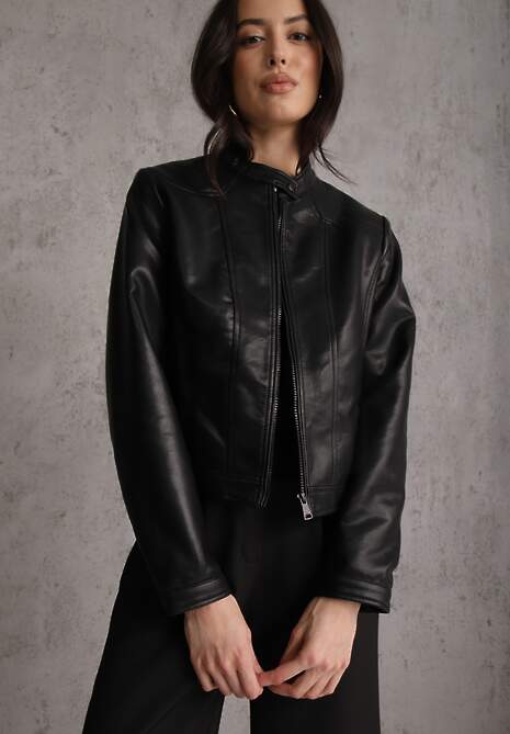 Czarna Taliowana Kurtka Ramoneska Y2K ze Stójką Fezilae