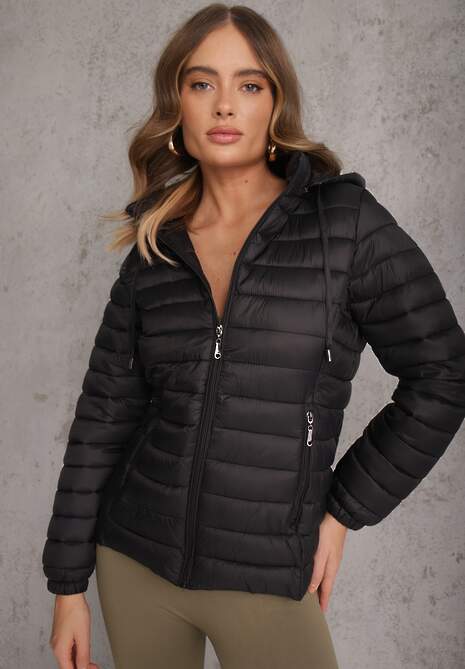 Czarna Pikowana Kurtka Przejściowa z Kapturem z Możliwością Odpięcia Feziel 4