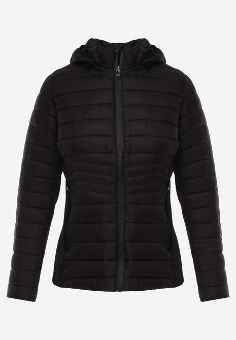 Czarna Przejściowa Kurtka z Pikowaniem Elastycznymi Wstawkami i Kapturem Fezilina 6