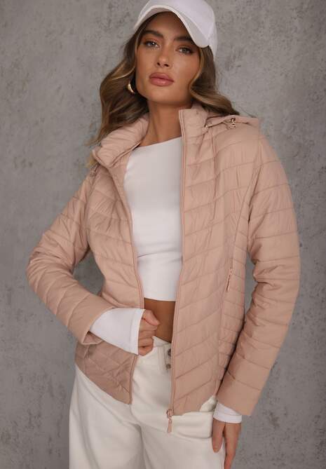 Beżowa Kurtka Przejściowa z Pikowaniem i Odpinanym Kapturem Edielitia