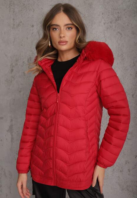 Czerwona Przejściowa Kurtka z Pikowaniem Bocznymi Ściągaczami i Kapturem Fezizia 4