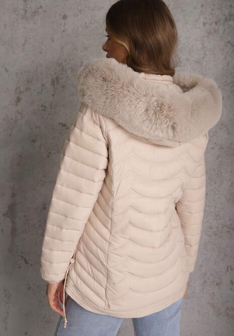 Jasnobeżowa Przejściowa Kurtka z Pikowaniem Bocznymi Ściągaczami i Kapturem Fezizia 4
