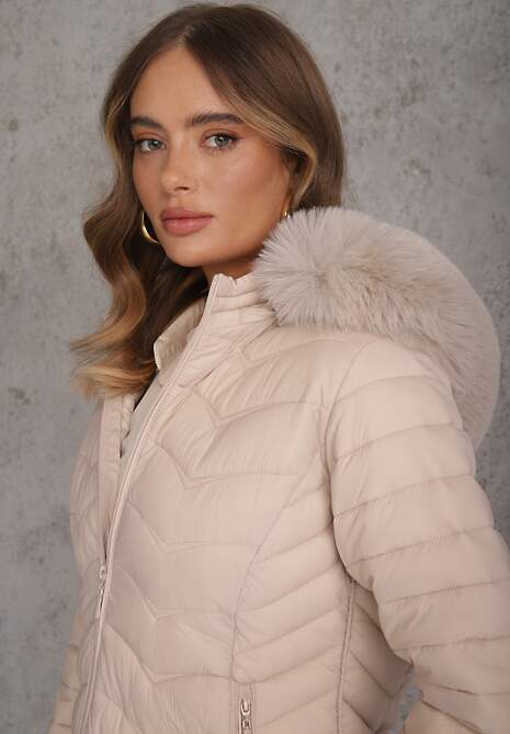 Jasnobeżowa Przejściowa Kurtka z Pikowaniem Bocznymi Ściągaczami i Kapturem Fezizia