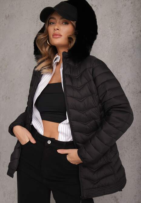 Czarna Przejściowa Kurtka z Pikowaniem Bocznymi Ściągaczami i Kapturem Fezizia 4