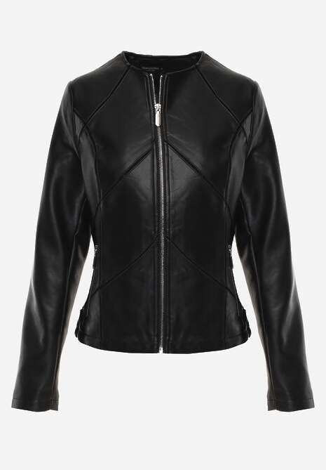 Czarna Taliowana Kurtka Biker z Dekoltem Crew Neck Ozdobiona Przeszyciami Nelithaen 6