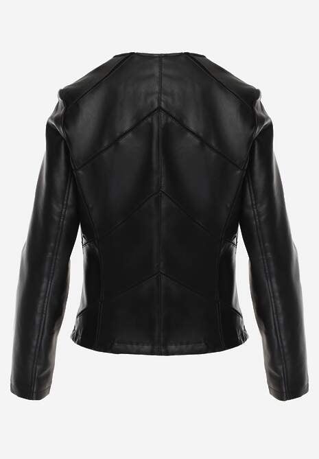 Czarna Taliowana Kurtka Biker z Dekoltem Crew Neck Ozdobiona Przeszyciami Nelithaen 7