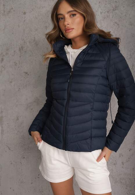 Granatowa Przejściowa Kurtka Pikowana z Kapturem z Możliwością Odpięcia Pretiga