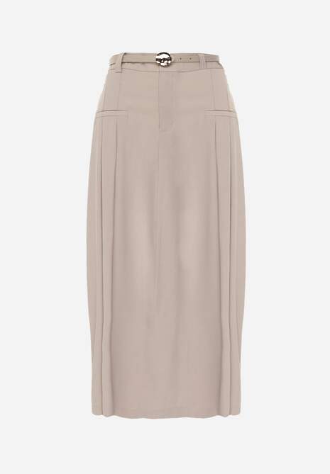 Beżowa Rozkloszowana Spódnica z Wiskozy Zdobiona Plisami i Paskiem Durklea 6