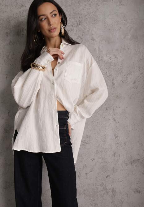 Biała Koszula z Wiskozy z Domieszką Lnu ze Strukturalnego Materiału Sewrita 4