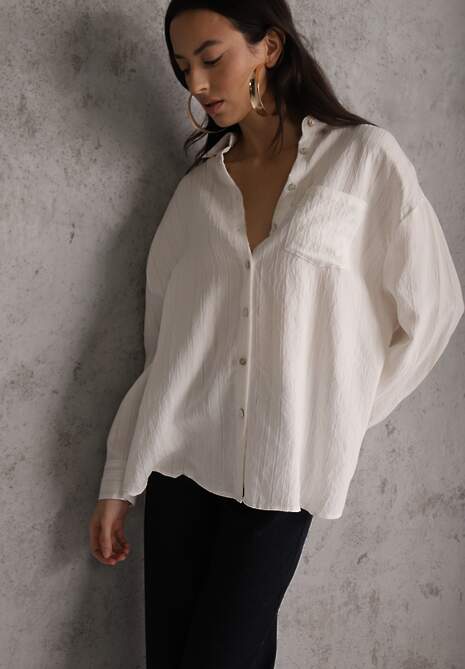 Biała Koszula z Wiskozy z Domieszką Lnu ze Strukturalnego Materiału Sewrita