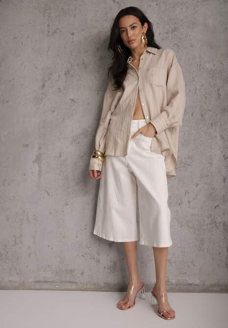 Beżowa Koszula z Wiskozy z Domieszką Lnu ze Strukturalnego Materiału Sewrita 4