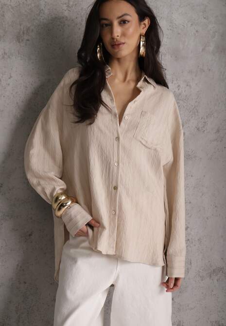 Beżowa Koszula z Wiskozy z Domieszką Lnu ze Strukturalnego Materiału Sewrita 5