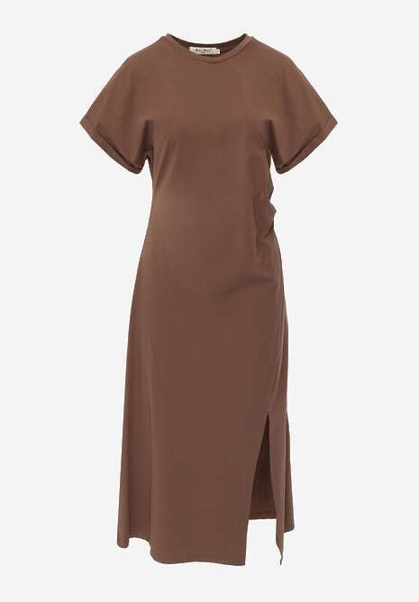 Brązowa Rozkloszowana Sukienka Zdobiona Drapowaniem w Talii i Rozcięciem Uziola 6