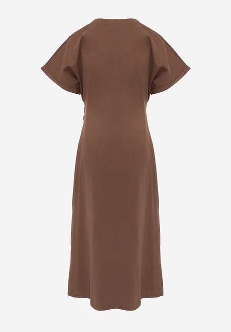 Brązowa Rozkloszowana Sukienka Zdobiona Drapowaniem w Talii i Rozcięciem Uziola 7