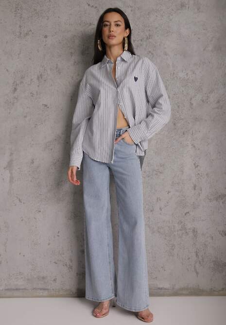 Niebieska Koszula z Bawełną w Paski z Haftowaną Aplikacją Serca Sewrona 4