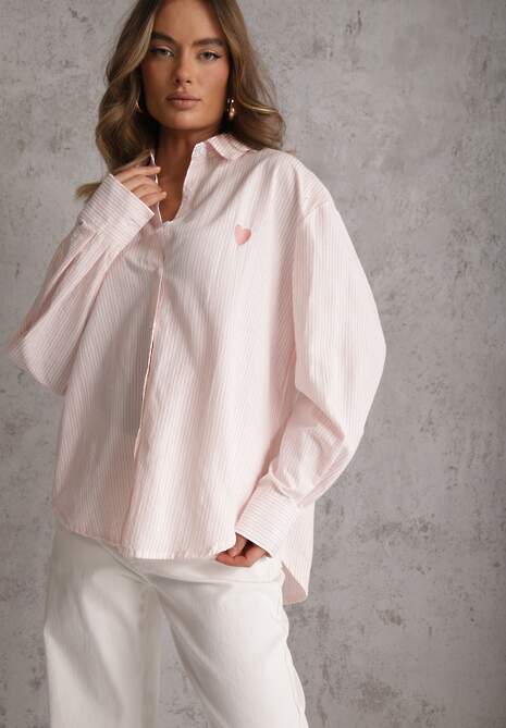 Różowa Koszula z Bawełną w Paski z Haftowaną Aplikacją Serca Sewrona