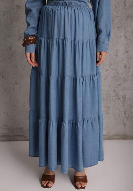 Niebieska Spódnica Rozkloszowana z Lyocellu High Waist Ozdobiona Falbanami Ravienne 4