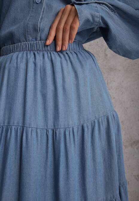 Niebieska Spódnica Rozkloszowana z Lyocellu High Waist Ozdobiona Falbanami Ravienne 5